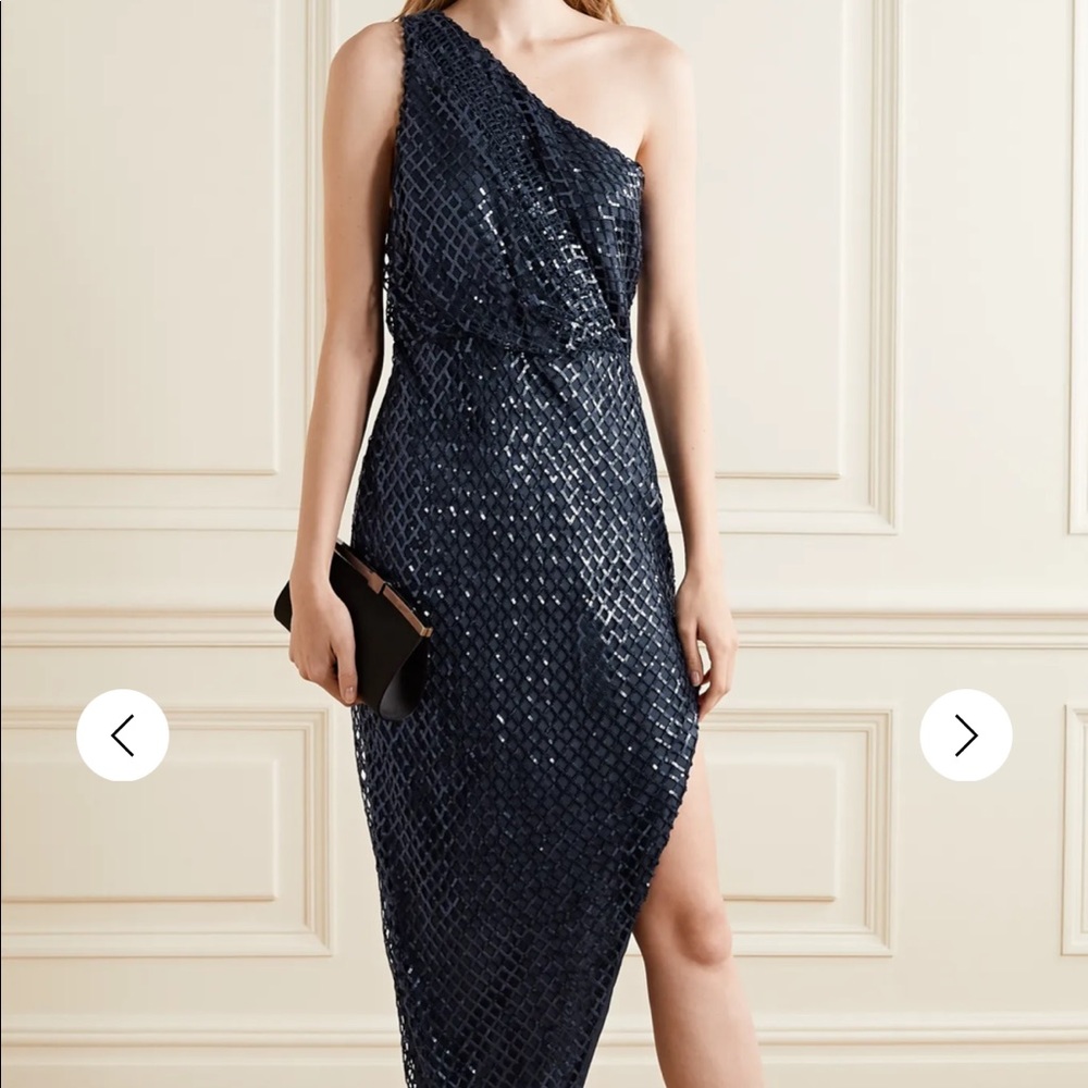 Michelle Mason Navy One Shoulder Dress